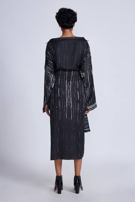 Shop_Advait_Black Satin Collared Stripe Print Midi Dress _at_Aza_Fashions