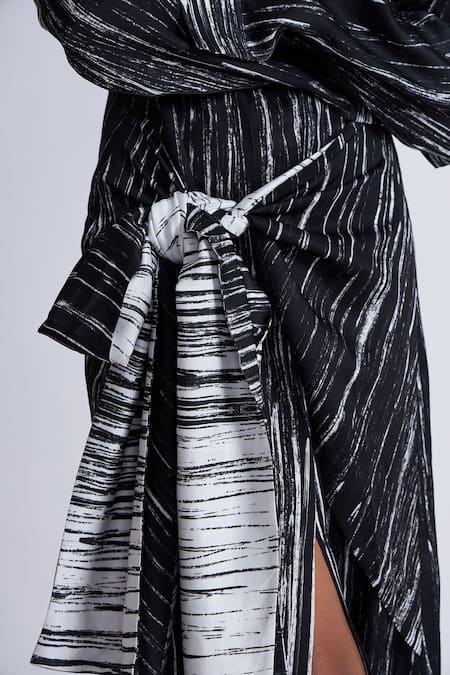 Buy_Advait_Black Satin Collared Stripe Print Midi Dress _Online_at_Aza_Fashions