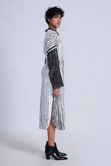 Advait_Black Satin Collared And White Stripe Print Gathered Dress _Online_at_Aza_Fashions
