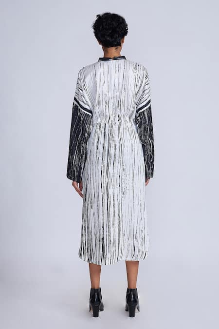 Shop_Advait_Black Satin Collared And White Stripe Print Gathered Dress _at_Aza_Fashions