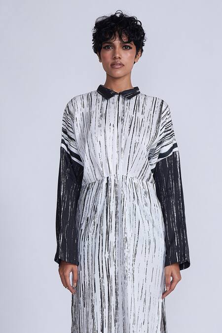 Buy_Advait_Black Satin Collared And White Stripe Print Gathered Dress _Online_at_Aza_Fashions