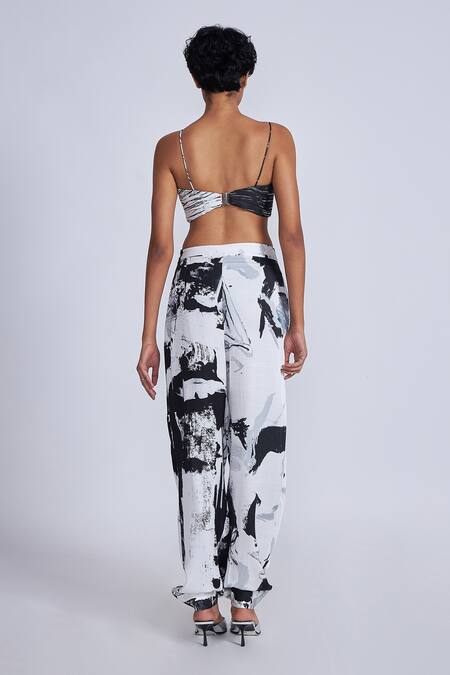 Shop Advait Black Satin Twill Printed Stripe V Neck And White Bralette at Aza Fashions Shop_Advait_Black Satin Twill Printed Stripe V Neck And White Bralette_at_Aza_Fashions