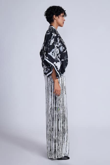 Advait_Black Satin, Twill And White Stripe Print Trouser _Online_at_Aza_Fashions