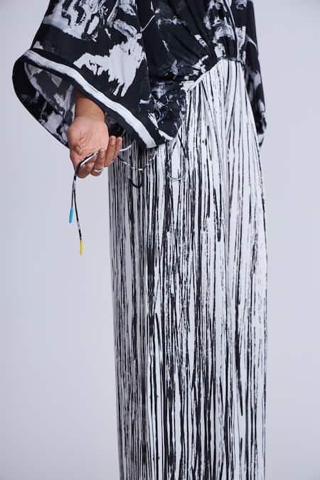 Buy_Advait_Black Satin, Twill And White Stripe Print Trouser _Online_at_Aza_Fashions