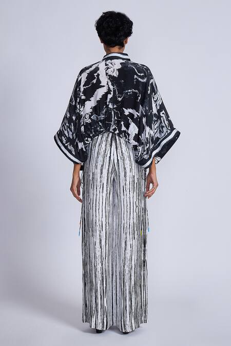 Shop_Advait_Black Satin, Twill And White Stripe Print Trouser _at_Aza_Fashions