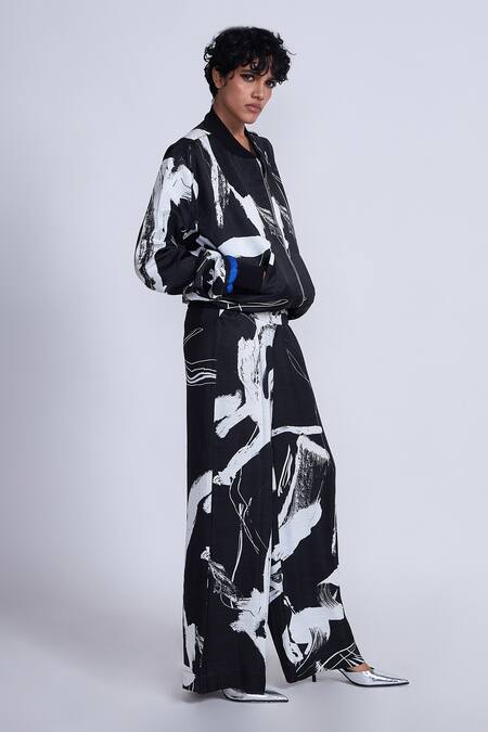 Advait_Black Satin Slub Splash Ribbed Tazaki Print Bomber Jacket _Online_at_Aza_Fashions
