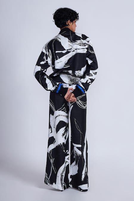 Shop_Advait_Black Satin Slub Splash Ribbed Tazaki Print Bomber Jacket _at_Aza_Fashions