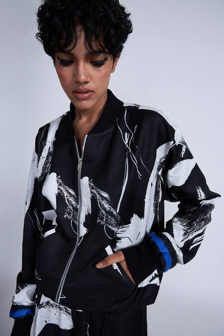 Buy_Advait_Black Satin Slub Splash Ribbed Tazaki Print Bomber Jacket _Online_at_Aza_Fashions