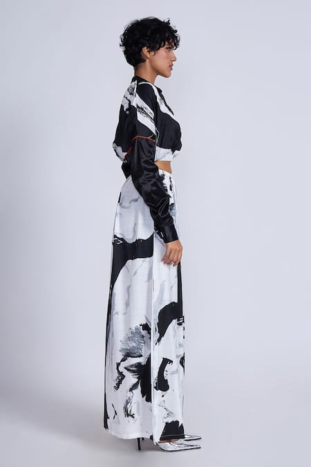 Advait_Black Satin V-neck Splash Printed And White Cropped Top _Online_at_Aza_Fashions