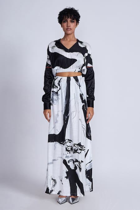 Buy_Advait_Black Satin V-neck Splash Printed And White Cropped Top _Online_at_Aza_Fashions