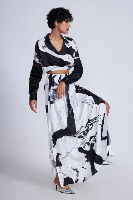 Shop_Advait_Black Satin V-neck Splash Printed And White Cropped Top _Online_at_Aza_Fashions