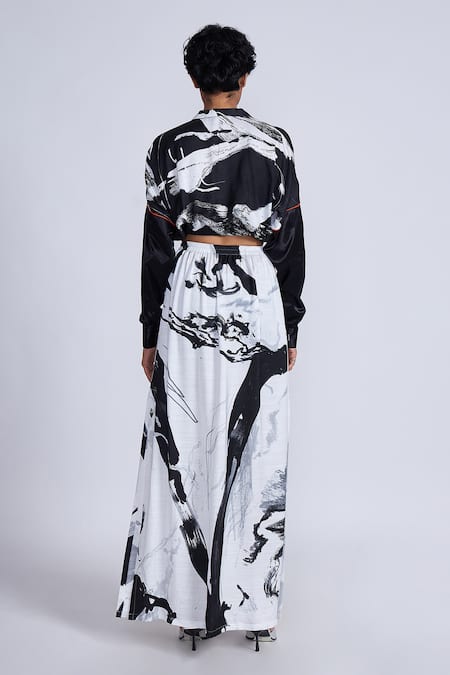 Shop_Advait_Black Satin V-neck Splash Printed And White Cropped Top _at_Aza_Fashions