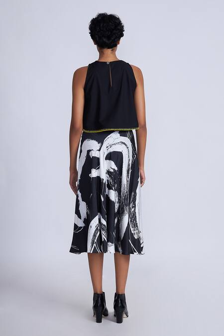 Shop_Advait_Black Satin Abstract Print Midi Skirt _at_Aza_Fashions