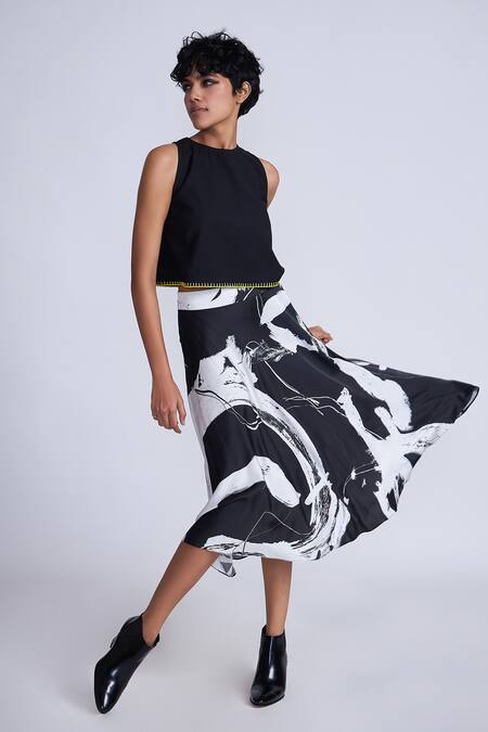 Advait_Black Satin Abstract Print Midi Skirt _Online_at_Aza_Fashions
