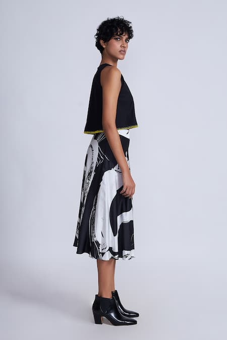 Shop_Advait_Black Satin Abstract Print Midi Skirt _Online_at_Aza_Fashions