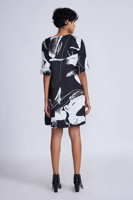 Shop_Advait_Black Satin Round Neck Paint Splash Printed Shift Dress _at_Aza_Fashions