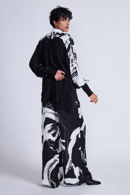 Shop Advait Black Satin Splash Printed And White Trouser at Aza Fashions Shop_Advait_Black Satin Splash Printed And White Trouser _at_Aza_Fashions