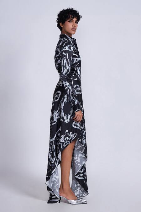 Advait_Black Silk Collared Swirl Print Designer Shirt _Online_at_Aza_Fashions