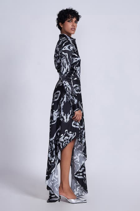 Advait_Black Satin Collared Swirl Print Handkerchief Shirt _Online_at_Aza_Fashions