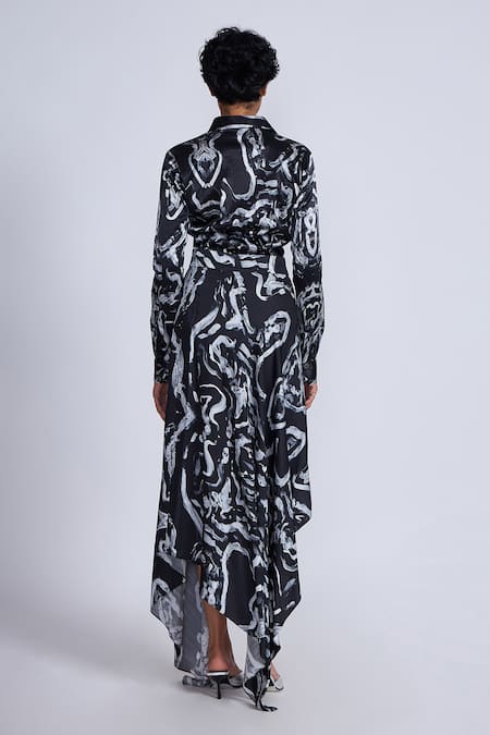 Shop_Advait_Black Satin Collared Swirl Print Handkerchief Shirt _at_Aza_Fashions
