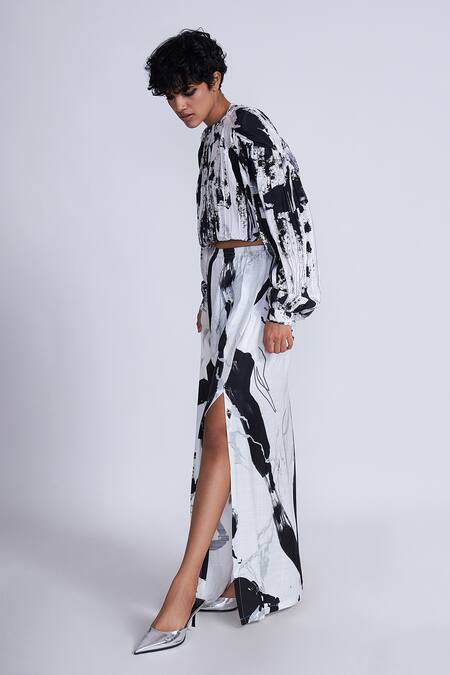Advait_Black Satin And White Abstract Print Skirt _Online_at_Aza_Fashions