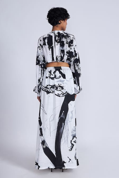 Shop_Advait_Black Satin And White Abstract Print Skirt _at_Aza_Fashions