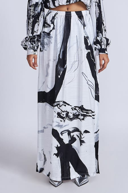 Buy_Advait_Black Satin And White Abstract Print Skirt _Online_at_Aza_Fashions