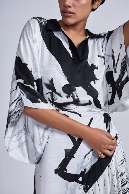 Advait_Black Satin Collared And White Asymmetric Printed Midi Dress _Online_at_Aza_Fashions