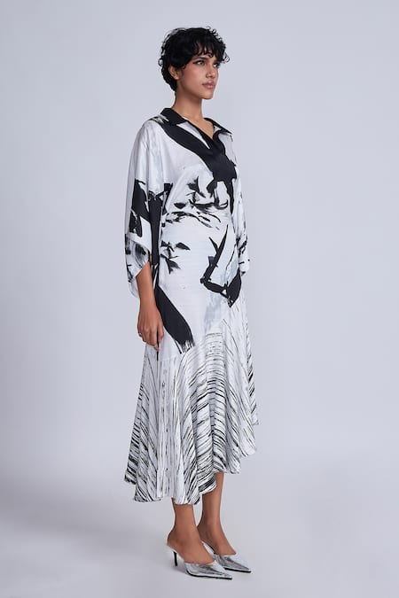 Buy_Advait_Black Satin Collared And White Asymmetric Printed Midi Dress _Online_at_Aza_Fashions