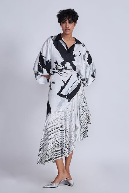 Shop_Advait_Black Satin Collared And White Asymmetric Printed Midi Dress _Online_at_Aza_Fashions