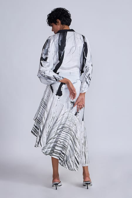 Shop_Advait_Black Satin Collared And White Asymmetric Printed Midi Dress _at_Aza_Fashions