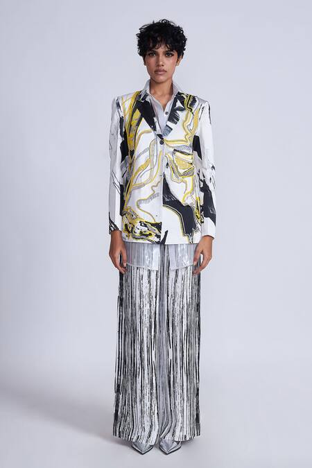 Advait_Black Satin Beads, Cut Work, Embroidery Wave Blazer _Online_at_Aza_Fashions