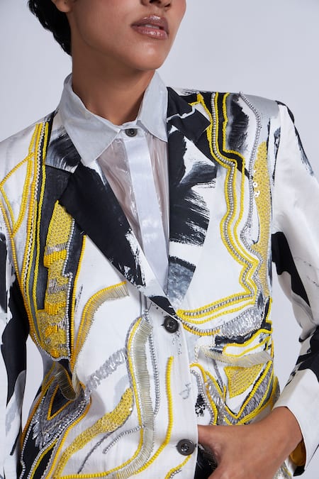 Shop_Advait_Black Satin Beads, Cut Work, Embroidery Wave Blazer _Online_at_Aza_Fashions