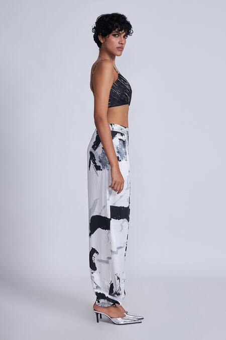 Advait_Black Satin, Twill Abstract Printed Trouser _Online_at_Aza_Fashions