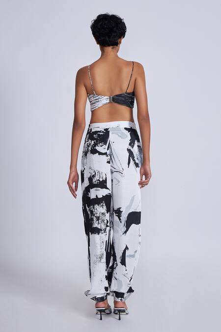 Shop_Advait_Black Satin, Twill Abstract Printed Trouser _at_Aza_Fashions