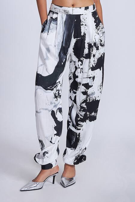Buy_Advait_Black Satin, Twill Abstract Printed Trouser _Online_at_Aza_Fashions