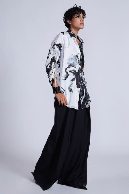 Advait_Black Satin Patchwork Collared Abstract Printed Slub Shirt _Online_at_Aza_Fashions