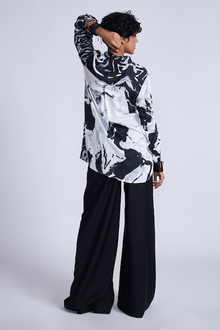 Shop_Advait_Black Satin Patchwork Collared Abstract Printed Slub Shirt _at_Aza_Fashions