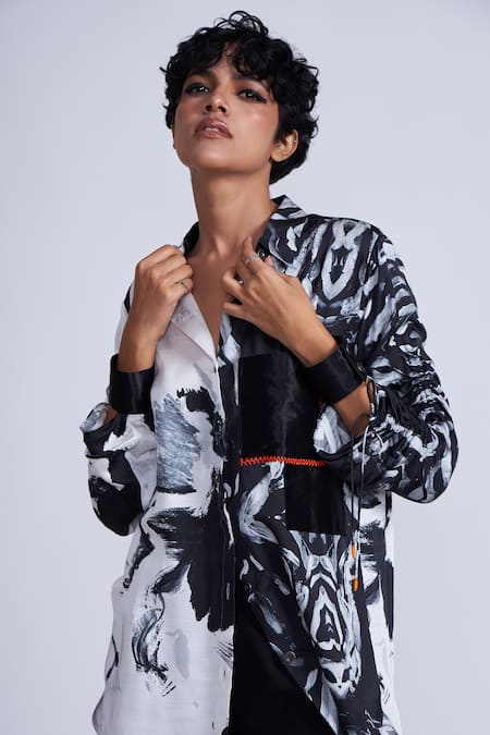Buy_Advait_Black Satin Patchwork Collared Abstract Printed Slub Shirt _Online_at_Aza_Fashions