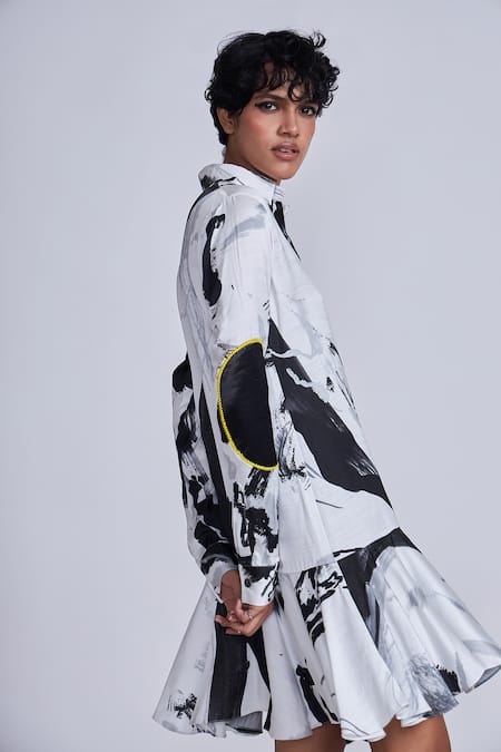Advait_Black Satin Collared And White Abstract Print Shirt Dress _Online_at_Aza_Fashions