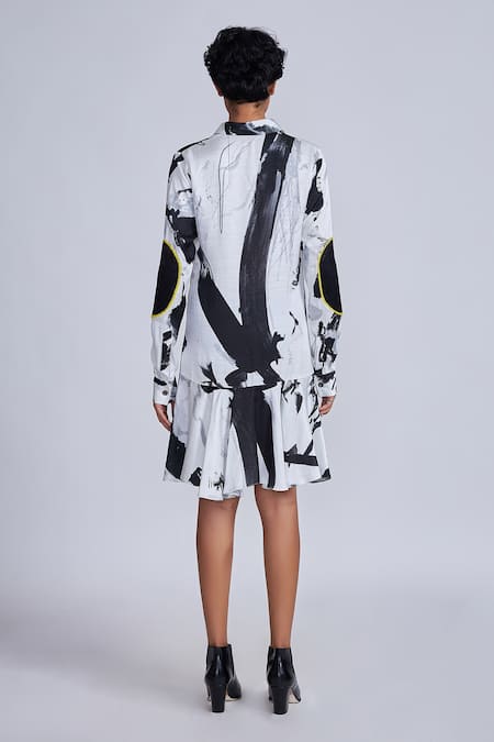 Shop_Advait_Black Satin Collared And White Abstract Print Shirt Dress _at_Aza_Fashions
