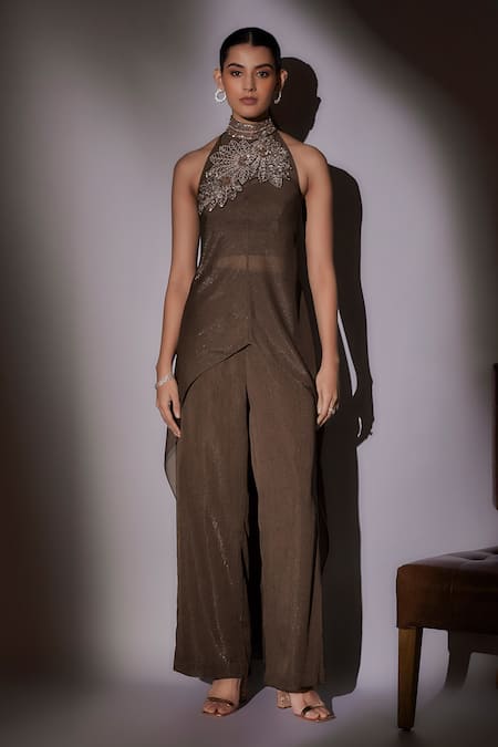 Ajiesh Oberoi Brown Embroidered Cape Tunic & Pant Set 