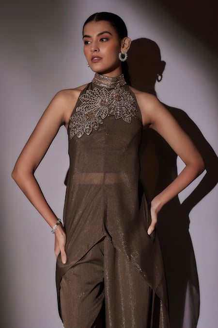 Ajiesh Oberoi_Brown Satin, Lurex Embroidered Cape Tunic And Pant Set _Online_at_Aza_Fashions