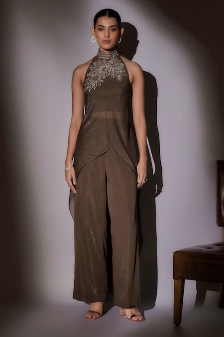 Buy_Ajiesh Oberoi_Brown Satin, Lurex Embroidered Cape Tunic And Pant Set _Online_at_Aza_Fashions