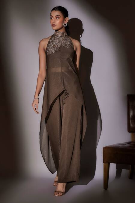 Shop_Ajiesh Oberoi_Brown Satin, Lurex Embroidered Cape Tunic And Pant Set _Online_at_Aza_Fashions