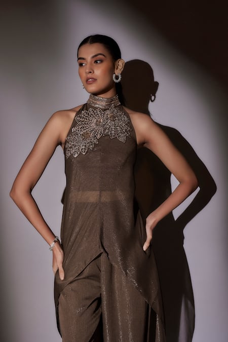 Ajiesh Oberoi_Brown Satin, Lurex Embroidered Cape Tunic And Pant Set _at_Aza_Fashions