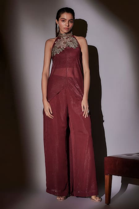 Ajiesh Oberoi Wine Satin, Lurex Sequins, Crystals, Floral Embroidered Cape Kurta And Pant Set 