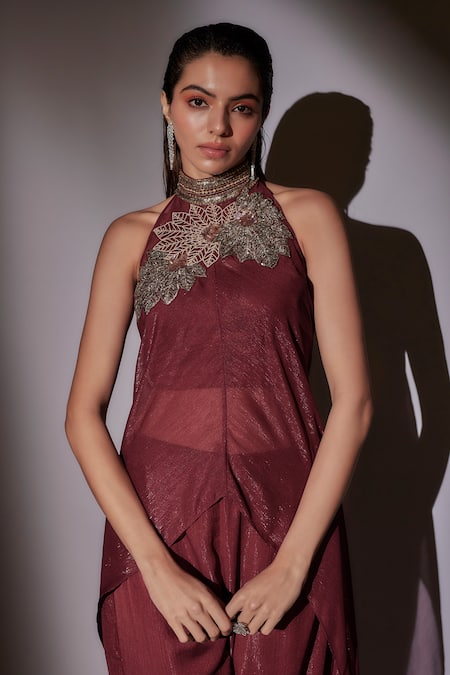 Ajiesh Oberoi_Wine Satin, Lurex Sequins, Crystals, Floral Embroidered Cape Kurta And Pant Set _Online_at_Aza_Fashions