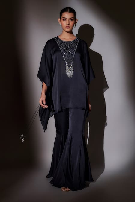 Ajiesh Oberoi_Blue Satin, Chiffon Sequins, Beads, Cut Navy Embroidered Kaftan And Sharara _Online_at_Aza_Fashions