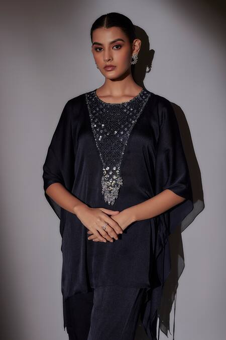 Shop_Ajiesh Oberoi_Blue Satin, Chiffon Sequins, Beads, Cut Navy Embroidered Kaftan And Sharara _Online_at_Aza_Fashions